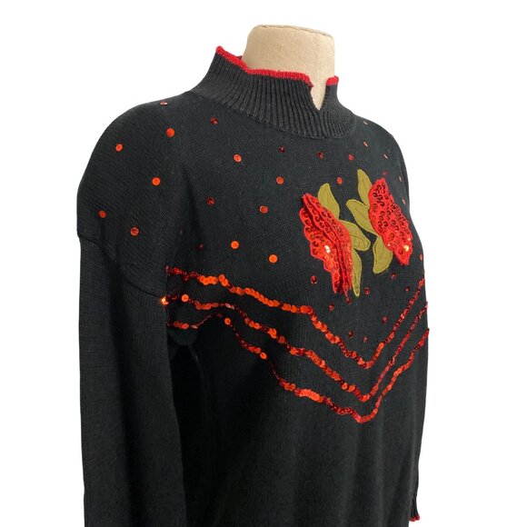 Vintage Images By Duet Black Sweater With Red Floral Sequin Embellishments M - Picture 4 of 12